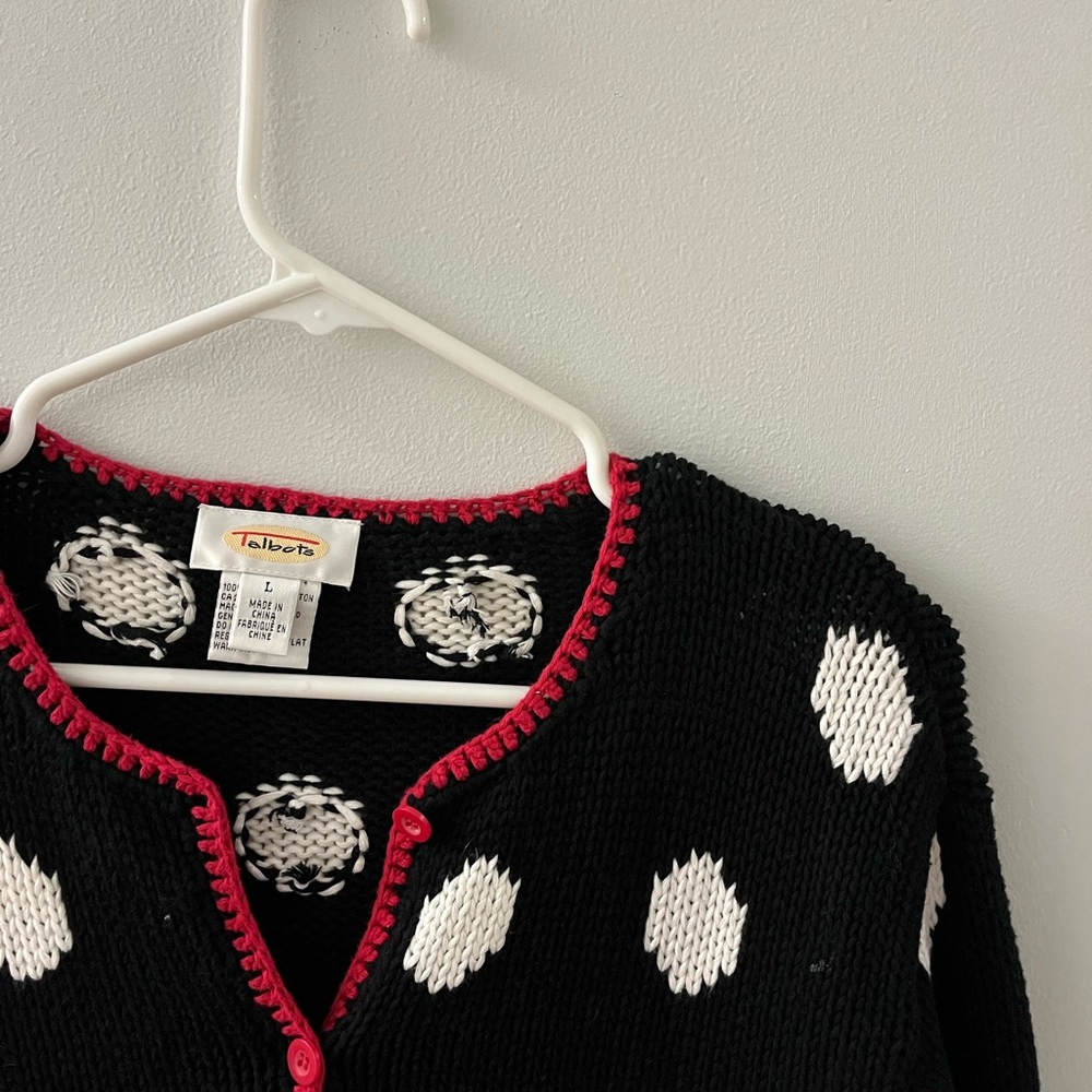 Talbots black sweater, white polka dots. Size L